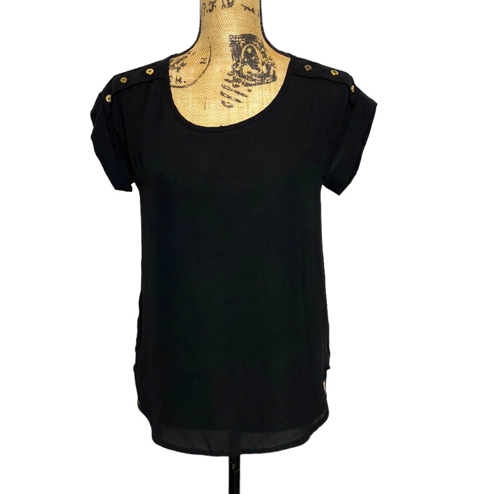 Zenana Outfitters Black Roll Cuff Blouse Gold Buttons S
